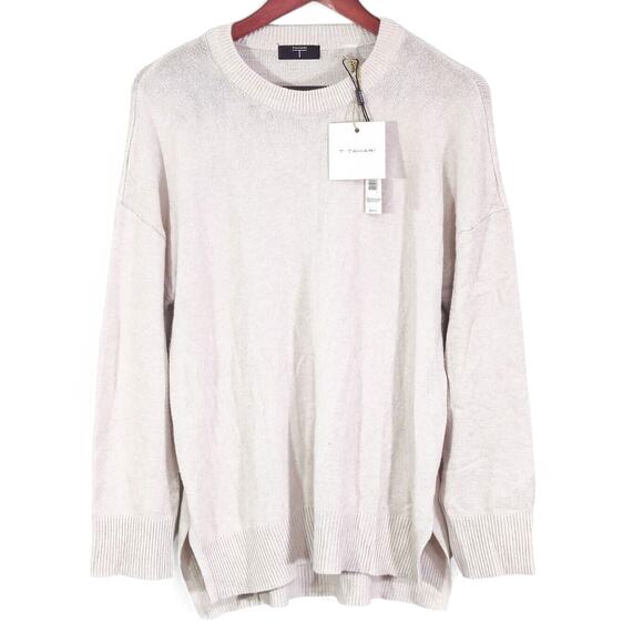 NWT Tahari Womens Sweater White Large Knit Beige Long Sleeve Crew Neck Top Soft - Picture 1 of 10